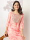 Peach Silk Blend Tie & Dye Yoke Embroidered Straight Kurta Pant Set